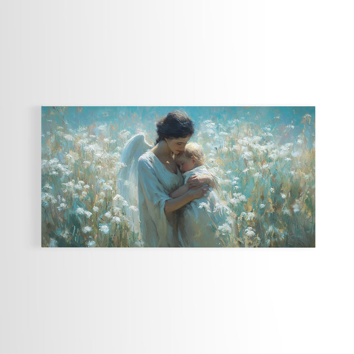 Serene Angel Cradling Blonde Baby In Blue Wildflower Field Framed Canvas Print, Christian Wall Art, Nursery Home Decor Gift