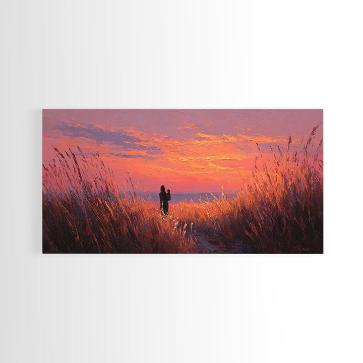 Mother And Child Sunset Grasslands Canvas Print, Romantic Landscape Wall Art, Warm Coastal Decor, Nursery, New Home Gift For Her