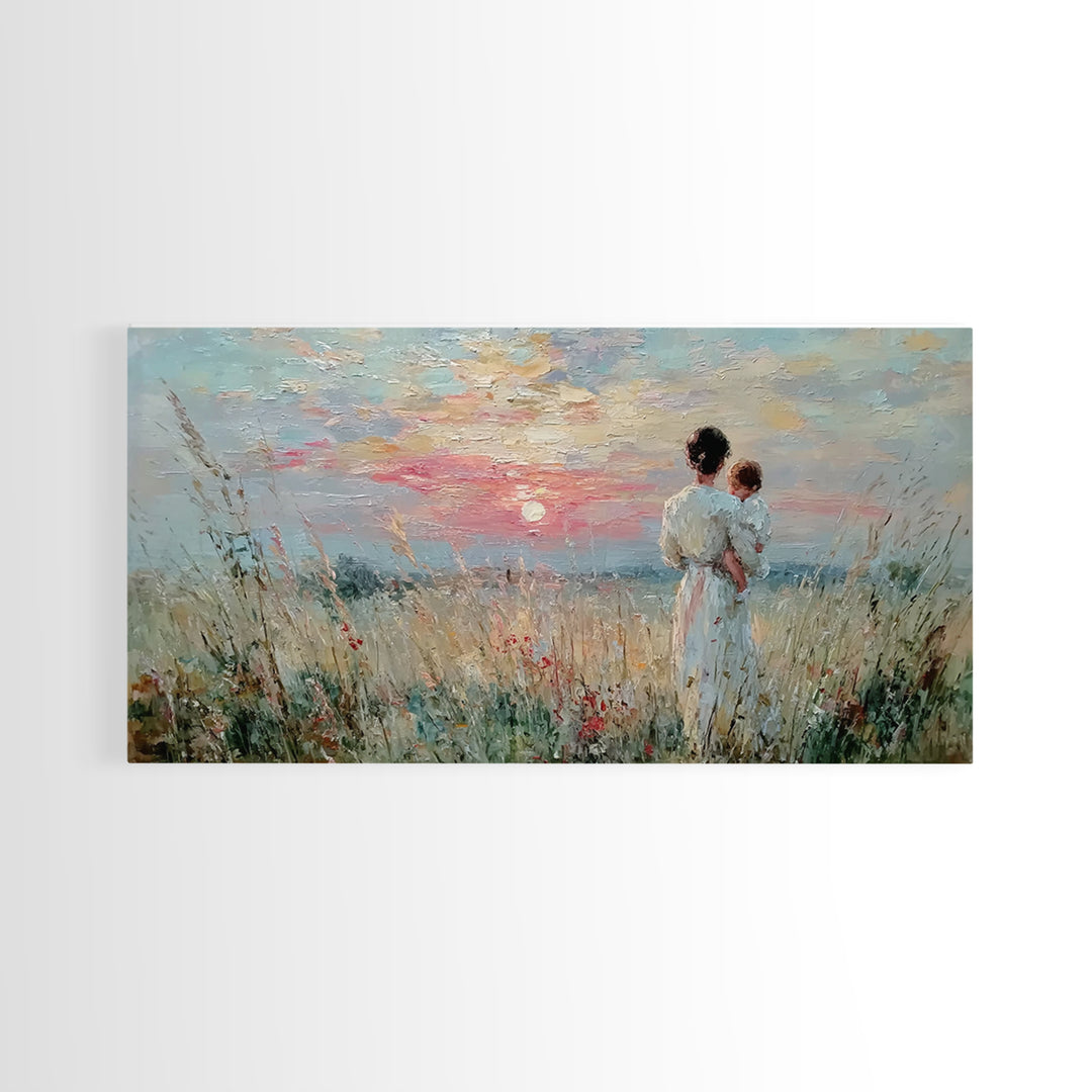 Mother And Child Sunset Seascape Canvas Print, Impressionist Coastal Wall Art, Romantic Bedroom Decor, Nursery Gift For Her
