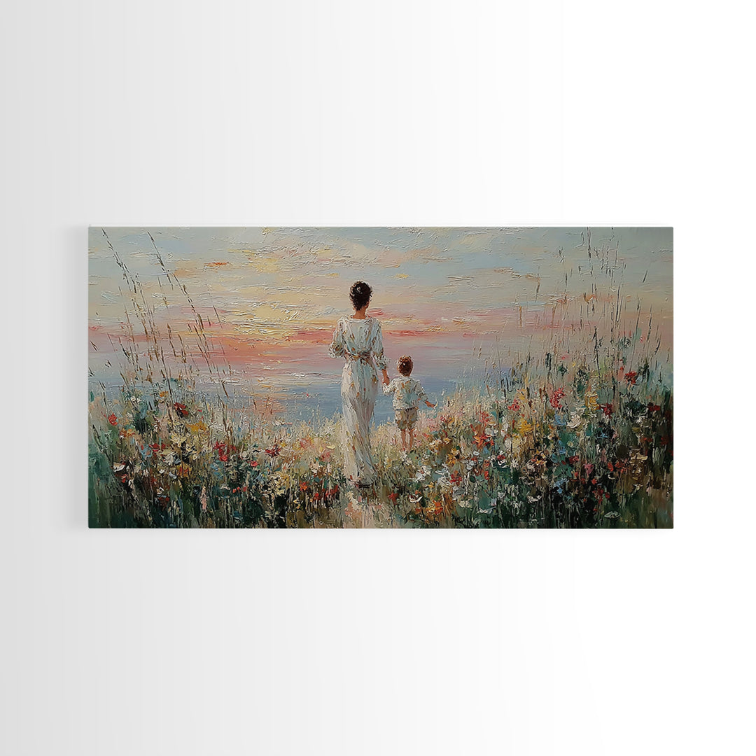 Mother And Child Ocean Meadow Wall Art, Impressionist Wildflower Seascape, Coastal Nursery Decor, Framed Canvas Print, Gift For Her