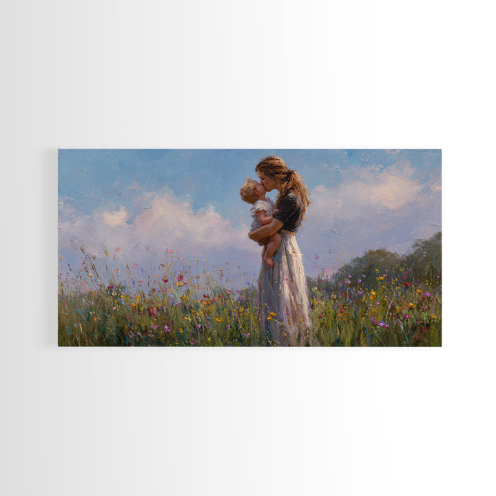 Mother Holding Baby In Wildflower Meadow Wall Art, Impressionist Canvas Print, Nursery Decor, Gift For Mom, Bedroom Decor