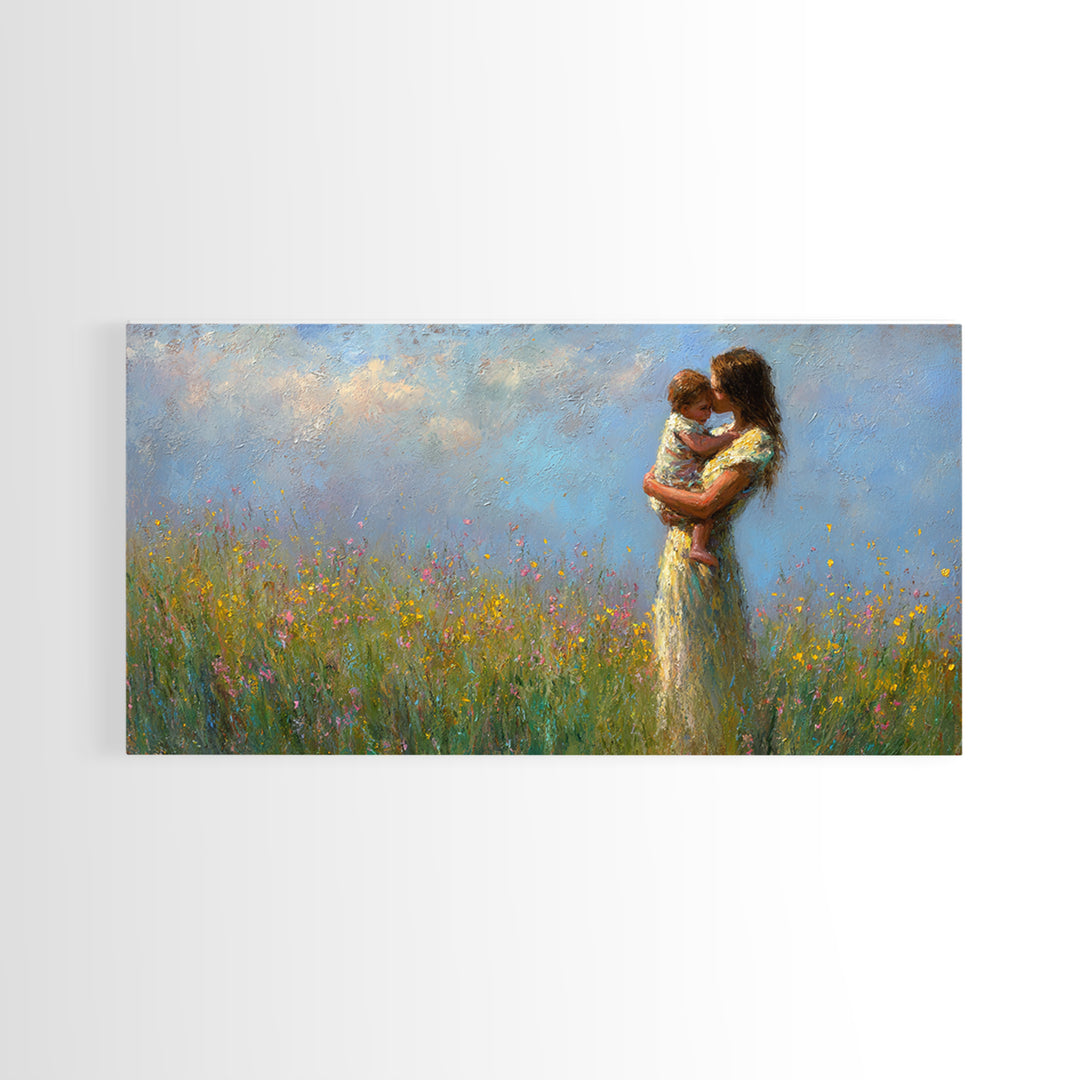 Mother And Child Embraced In Flower Field Wall Art, Impressionist Canvas Print, Floral Nursery Decor, Housewarming Gift, Gift For Mom