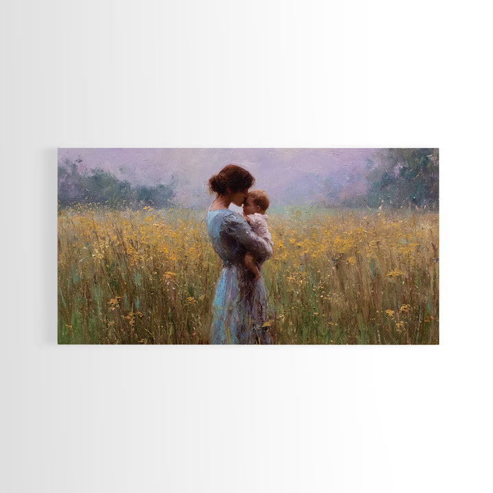 Mother Cuddling Baby In Golden Meadow Wall Art, Impressionist Canvas Print, Neutral Nursery Decor, Gift For Her, Living Room Decor