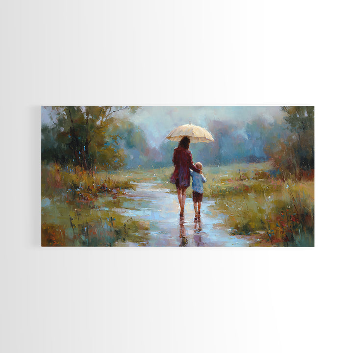 Mother And Child Walking In Rain With Umbrella Wall Art, Impressionist Canvas Print, Cozy Nursery Decor, Housewarming Gift