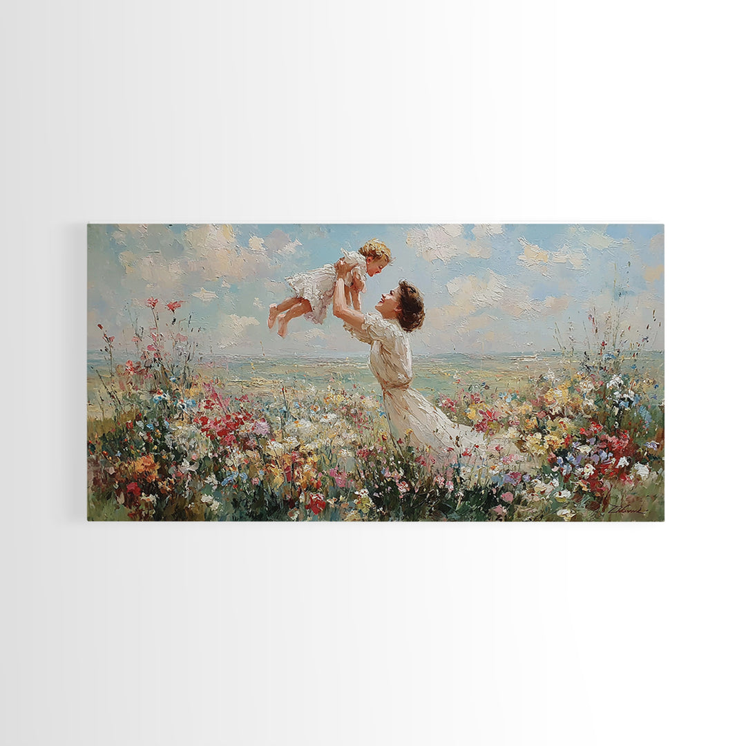 Mother Lifting Baby By Coastal Wildflower Meadow Wall Art, Impressionist Framed Canvas Print, Beach House Decor, Gift For Mom