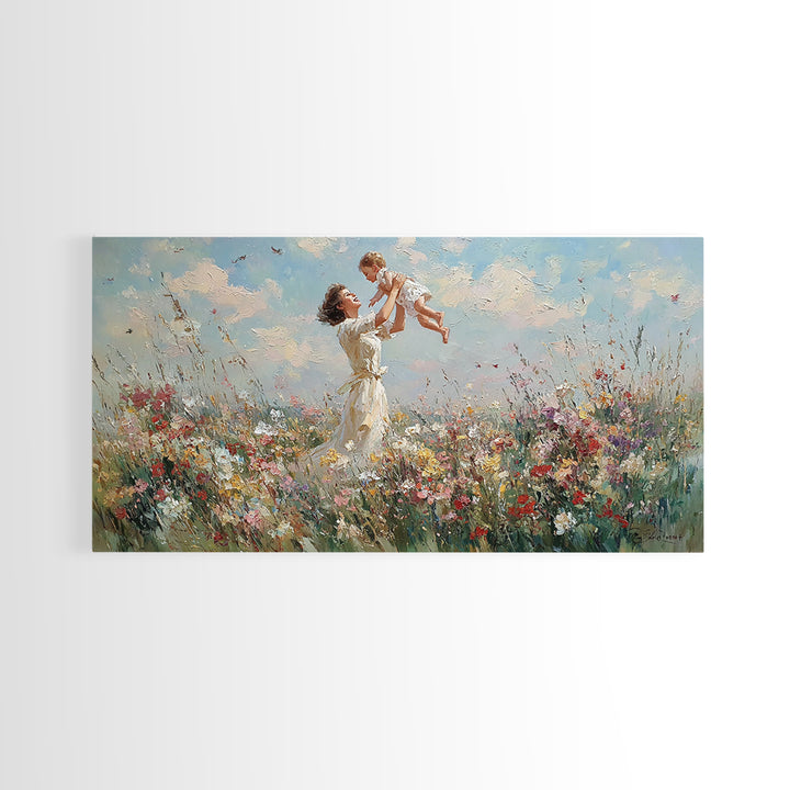 Mother Lifting Baby In Wildflower Meadow Wall Art, Impressionist Canvas Print, Floral Nursery Decor, Gift For Mom, Home Decor