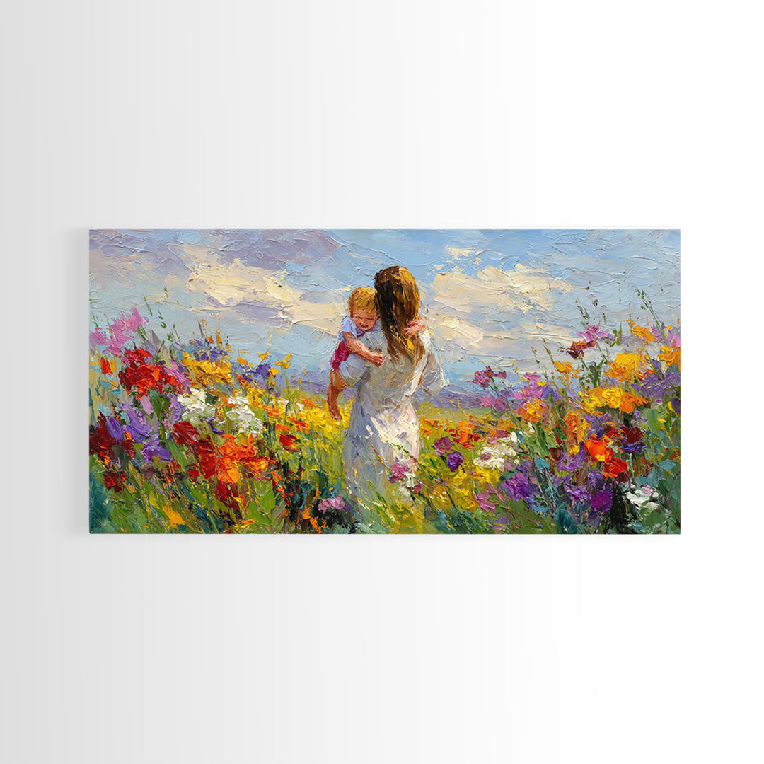 Woman Holding Baby In Vibrant Wildflower Meadow Framed Canvas Print, Mothers Day Gift, Floral Wall Art, Nursery Decor, Living Room Decor