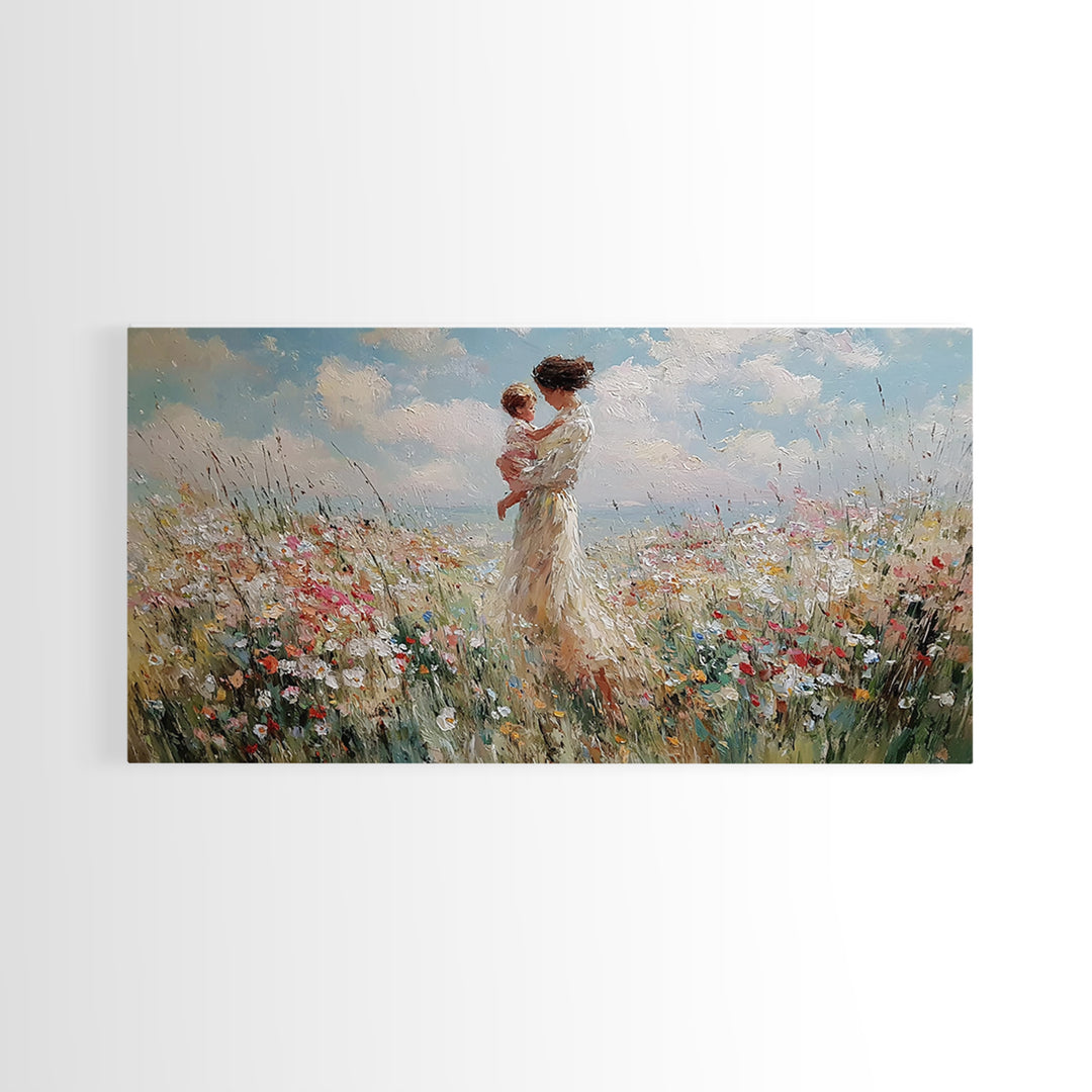 Mother And Baby In Soft Coastal Wildflower Field Canvas Print, Serene Floral Wall Art, Gift For Her, Bedroom Decor, Large Wall Art
