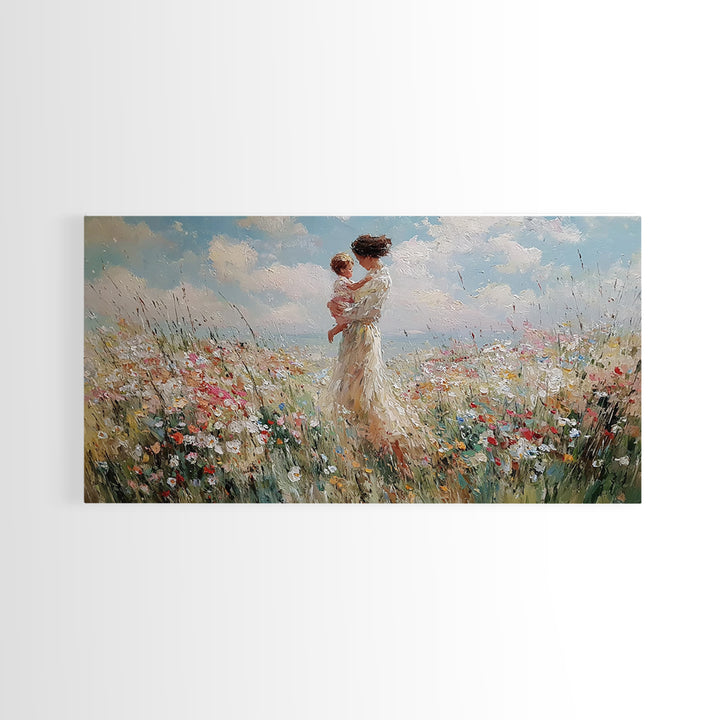Mother And Baby In Soft Coastal Wildflower Field Canvas Print, Serene Floral Wall Art, Gift For Her, Bedroom Decor, Large Wall Art
