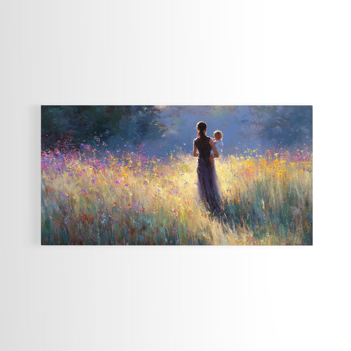 Backlit Mother Holding Baby In Glowing Wildflower Meadow Canvas Print, Moody Wall Art, Floral Wall Decor, Gift For Her, Large Wall Art
