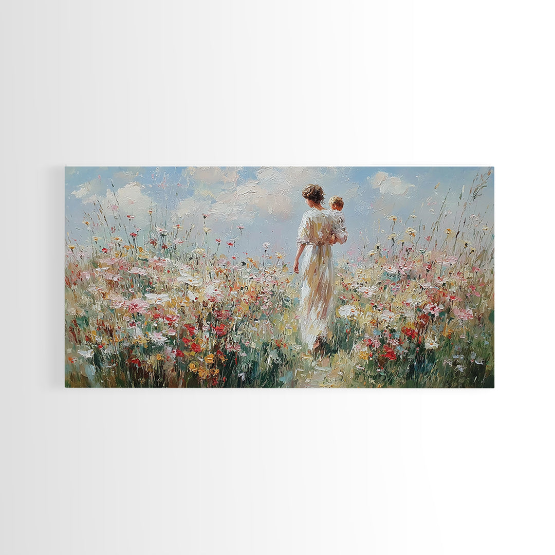 Mother And Baby Amid White Daisies And Red Poppies Framed Canvas Print, Floral Wall Art, Nursery Decor, Gift For Her, Living Room Decor