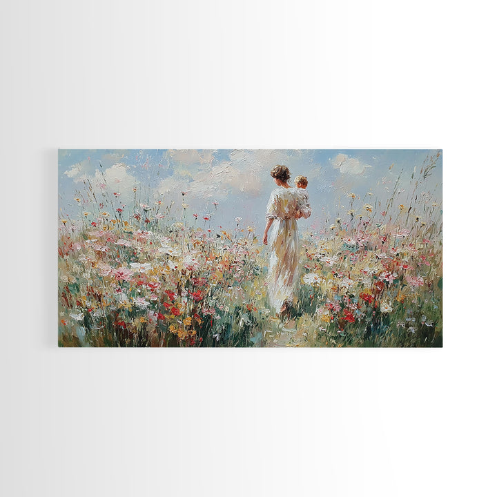 Mother And Baby Amid White Daisies And Red Poppies Framed Canvas Print, Floral Wall Art, Nursery Decor, Gift For Her, Living Room Decor