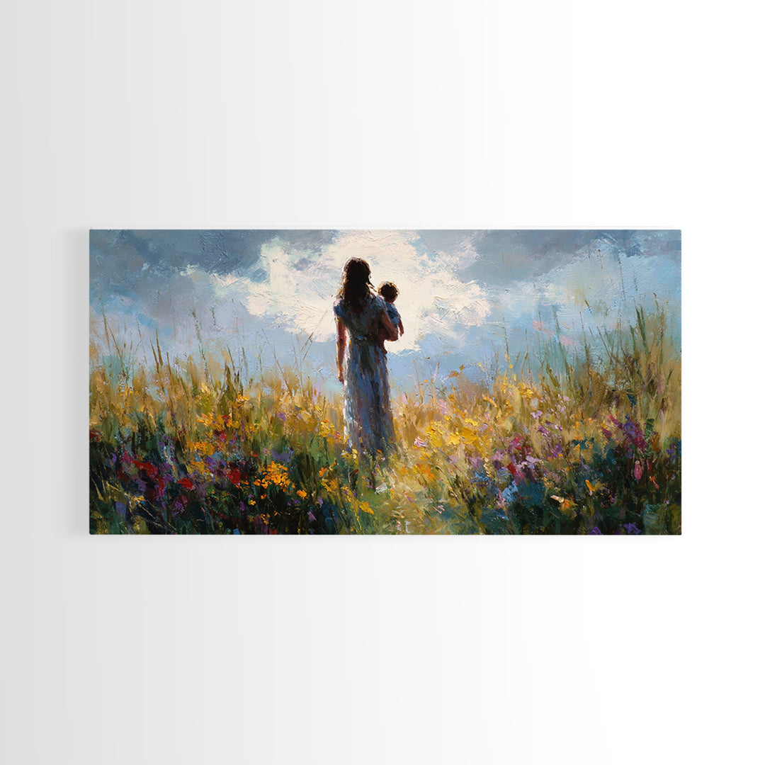 Mother And Baby In Windswept Summer Wildflower Field Canvas Print, Floral Wall Art, Gift For Her, Calming Bedroom Decor, Nursery Wall Art