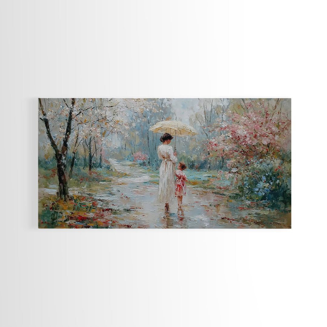 Mother And Child Walking Under Umbrella In Rainy Spring Garden Wall Art, Impressionist Painting, Gift For Her, Nursery Decor
