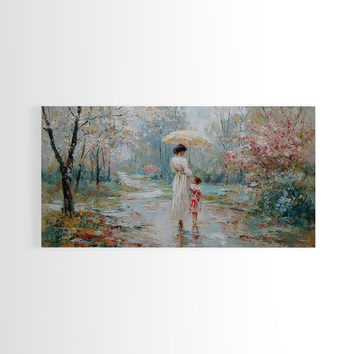 Mother And Child Walking Under Umbrella In Rainy Spring Garden Wall Art, Impressionist Painting, Gift For Her, Nursery Decor
