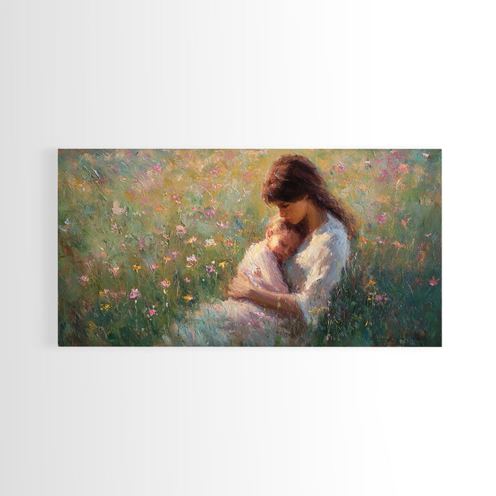 Tender Mother Cuddling Sleeping Baby In Flower Meadow Canvas Print, Feminine Wall Art, Mothers Day Gift, Bedroom Decor, Nursery Decor