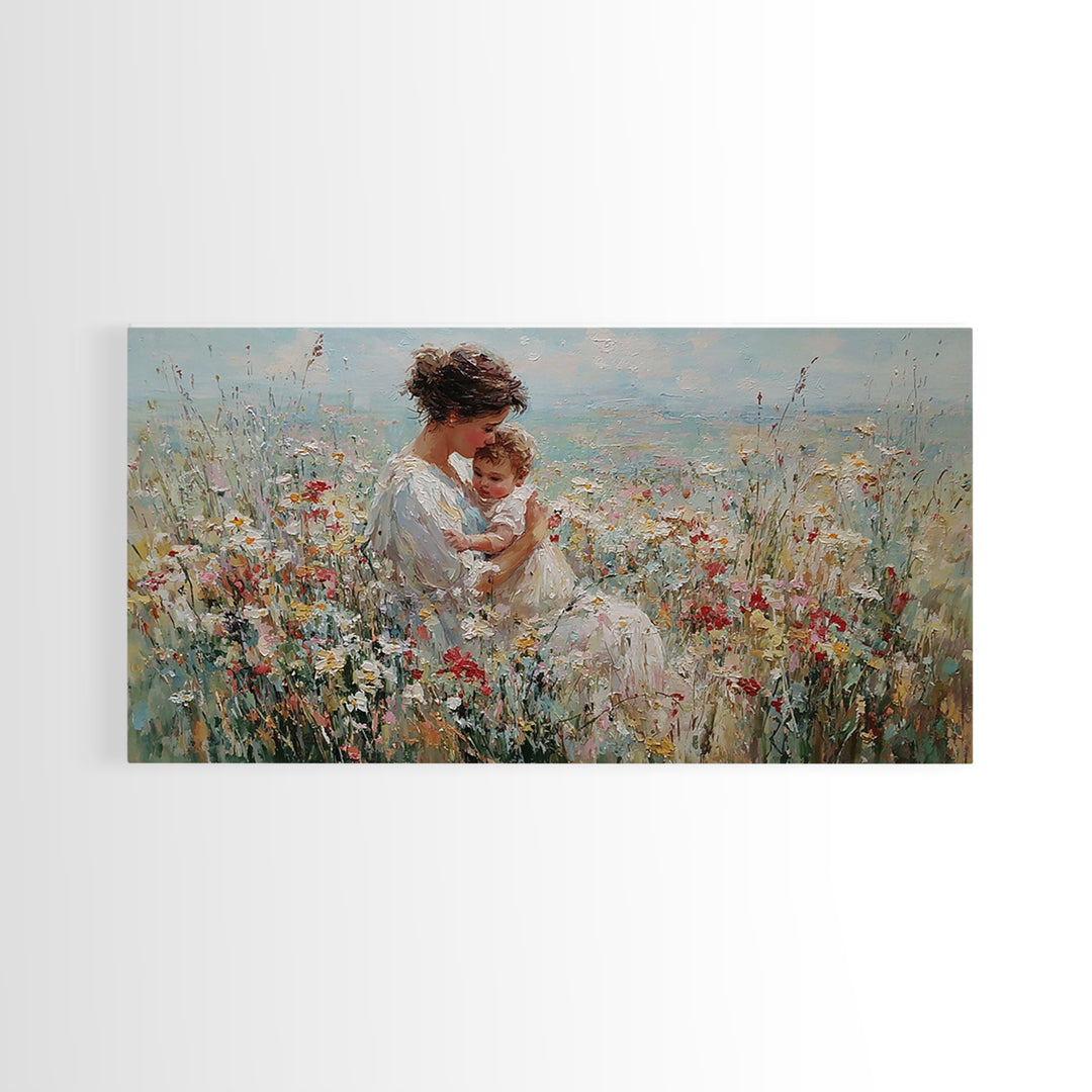 Mother Holding Smiling Baby Among Wildflowers By Sea Canvas Print, Coastal Wall Art, Mothers Day Gift, Living Room Decor