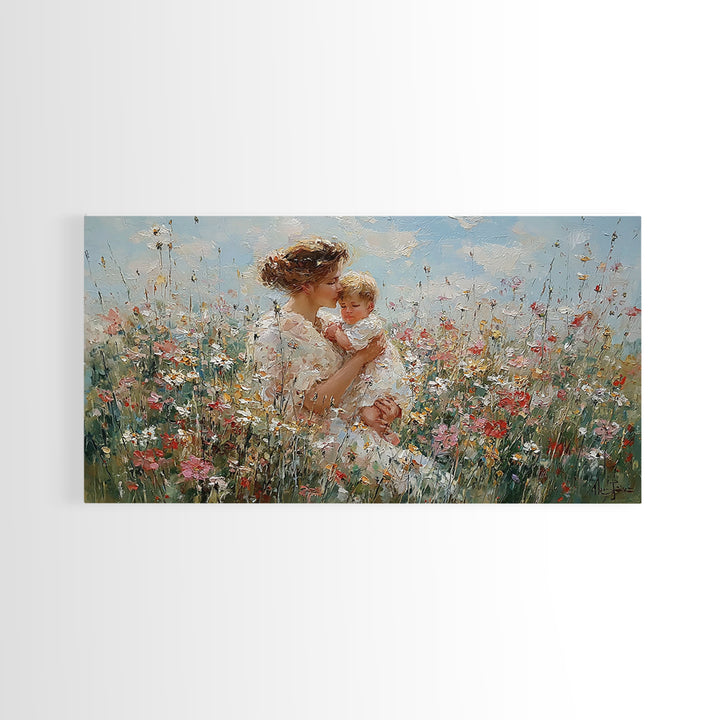 Mother Lifting Baby In Blooming Flower Field Framed Canvas Print, Impressionist Floral Nursery Art, Gift For Mom Home Decor