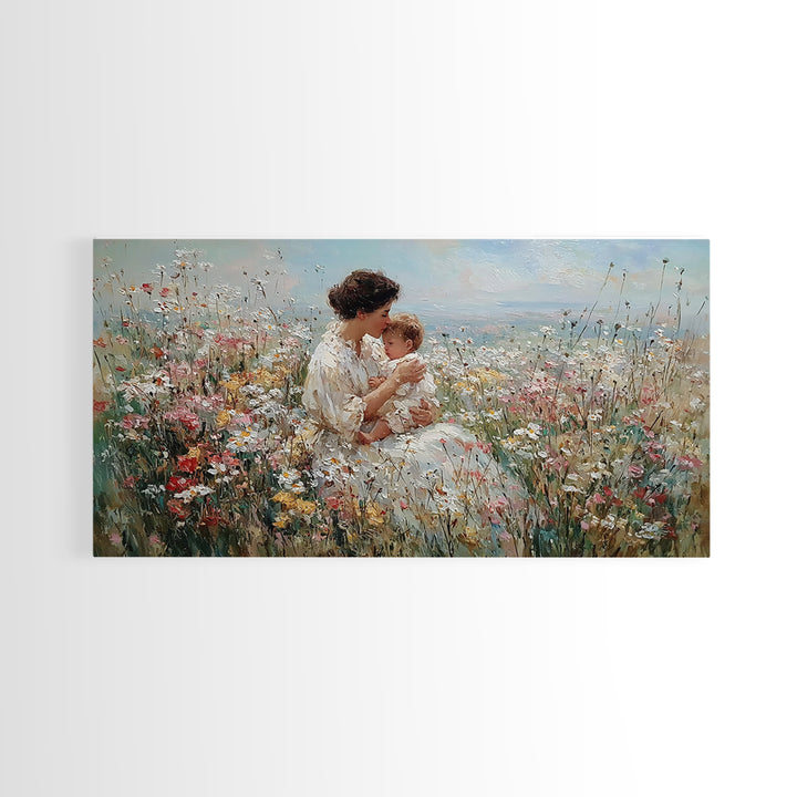Seated Mother And Child In Coastal Wildflower Meadow Canvas Print, Impressionist Family Wall Art, Nursery Decor Gift For Her