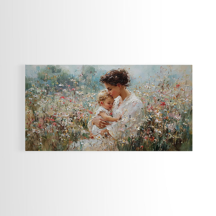 Mother Embracing Child In White Wildflower Meadow Framed Canvas Print, Impressionist Floral Wall Art, Nursery Decor Gift