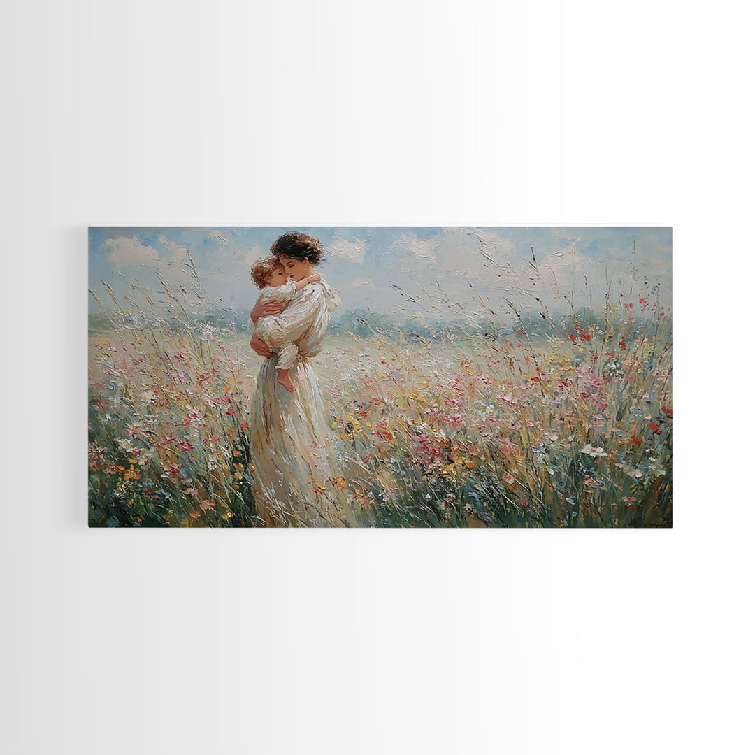 Standing Mother Holding Baby In Windy Wildflower Field Wall Art, Impressionist Landscape Canvas Print, Mothers Day Home Decor
