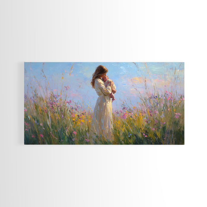 Backlit Mother And Baby In Sunlit Meadow Canvas Print, Impressionist Wildflower Wall Art, Feminine Nursery Decor Gift For Mom