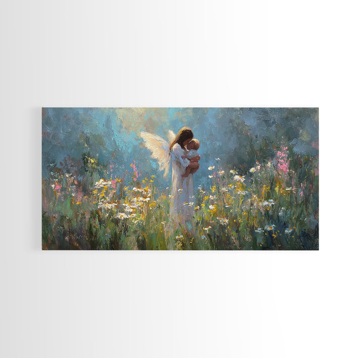 Guardian Angel Holding Baby Canvas Print, Wildflower Meadow Oil Painting, Spiritual Wall Decor, Nursery Art, Gift For Mom