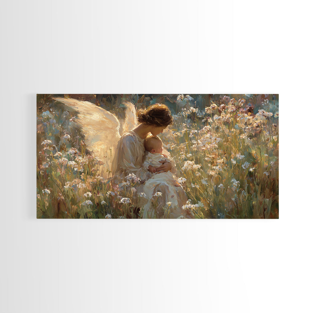 Sunlit Angel Cradling Baby Wall Art, Wildflower Meadow Painting, Christian Nursery Decor, Spiritual Gift For Mom, Canvas Art