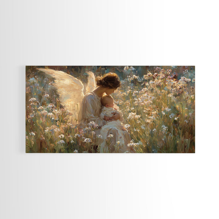 Sunlit Angel Cradling Baby Wall Art, Wildflower Meadow Painting, Christian Nursery Decor, Spiritual Gift For Mom, Canvas Art