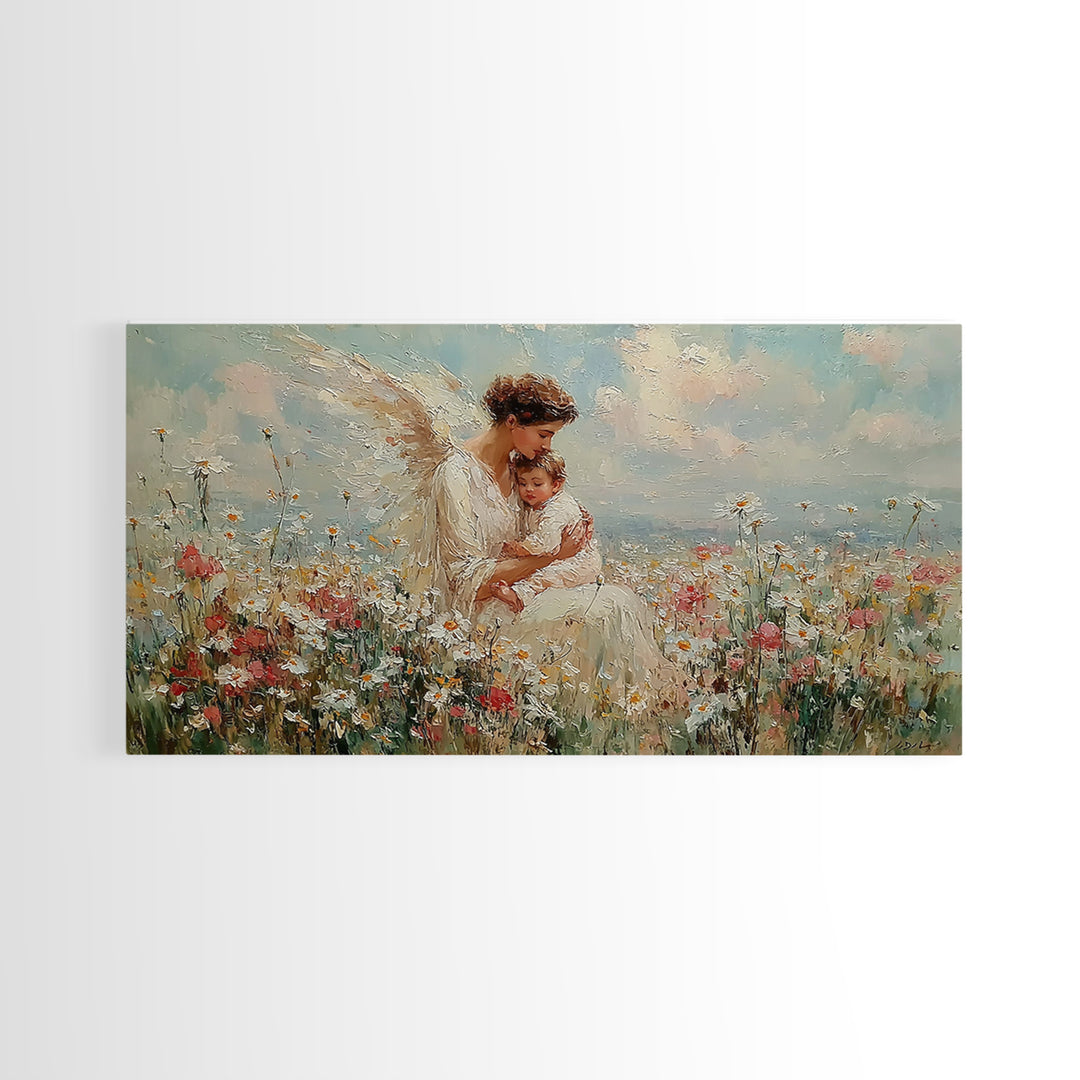 Angel And Baby In Flower Field Framed Canvas Print, Dreamy Christian Wall Art, Wildflower Nursery Decor, Gift For Her, Fine Art