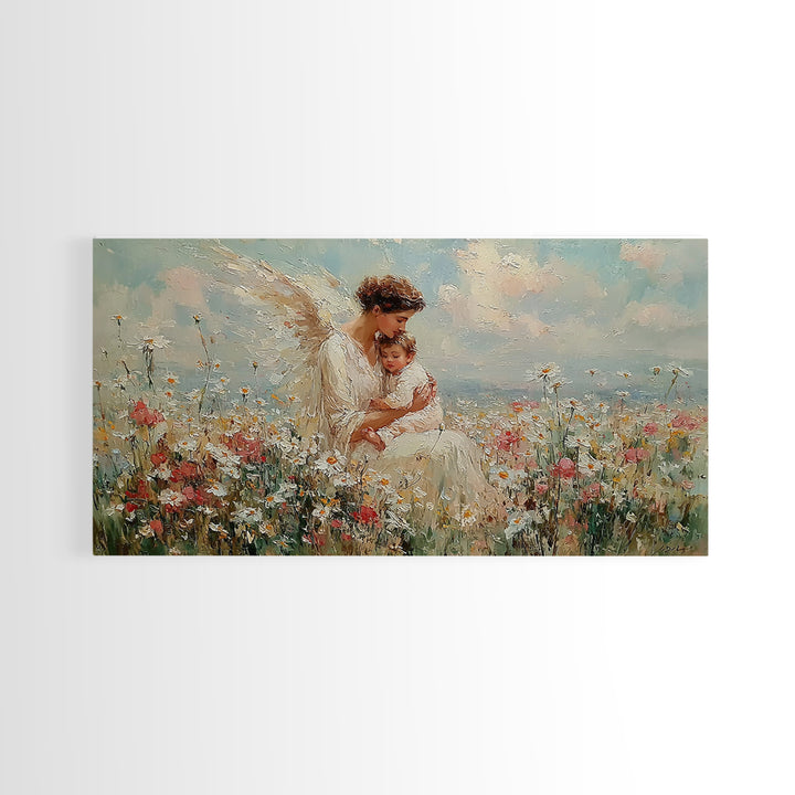Angel And Baby In Flower Field Framed Canvas Print, Dreamy Christian Wall Art, Wildflower Nursery Decor, Gift For Her, Fine Art