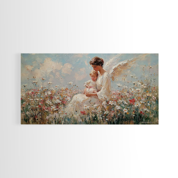 Guardian Angel With Baby Canvas Print, White Wildflower Meadow Painting, Christian Nursery Wall Art, Spiritual Gift For Mom