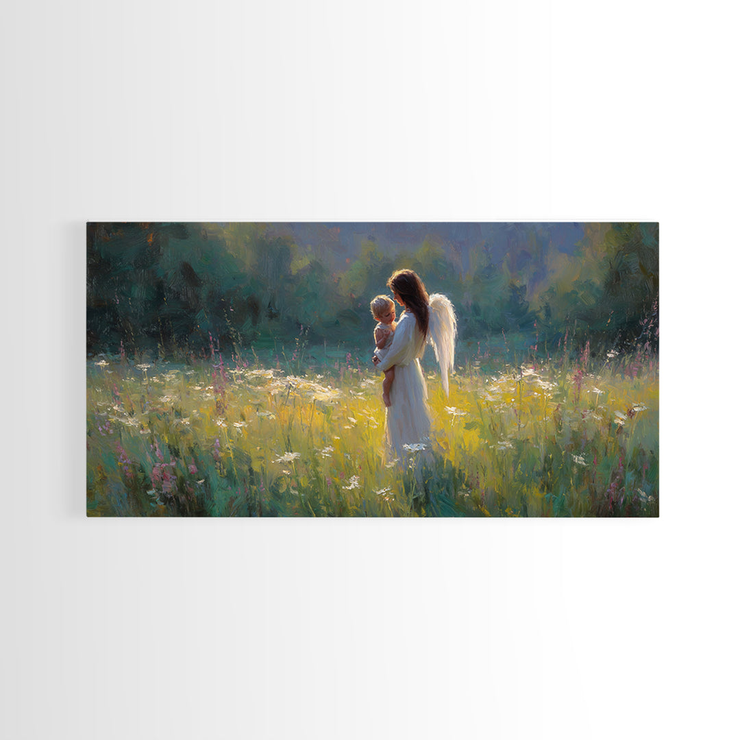 Angel Mother Holding Baby Wall Art, Luminous Meadow Oil Painting, Christian Nursery Decor, Spiritual Wall Decor, Gift For Her