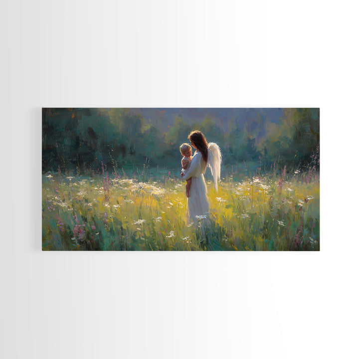 Angel Mother Holding Baby Wall Art, Luminous Meadow Oil Painting, Christian Nursery Decor, Spiritual Wall Decor, Gift For Her