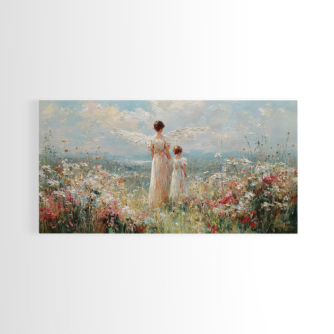 Angel And Child In Wildflower Field Framed Canvas Print, Impressionist Christian Wall Art, Floral Nursery Decor, Gift For Her