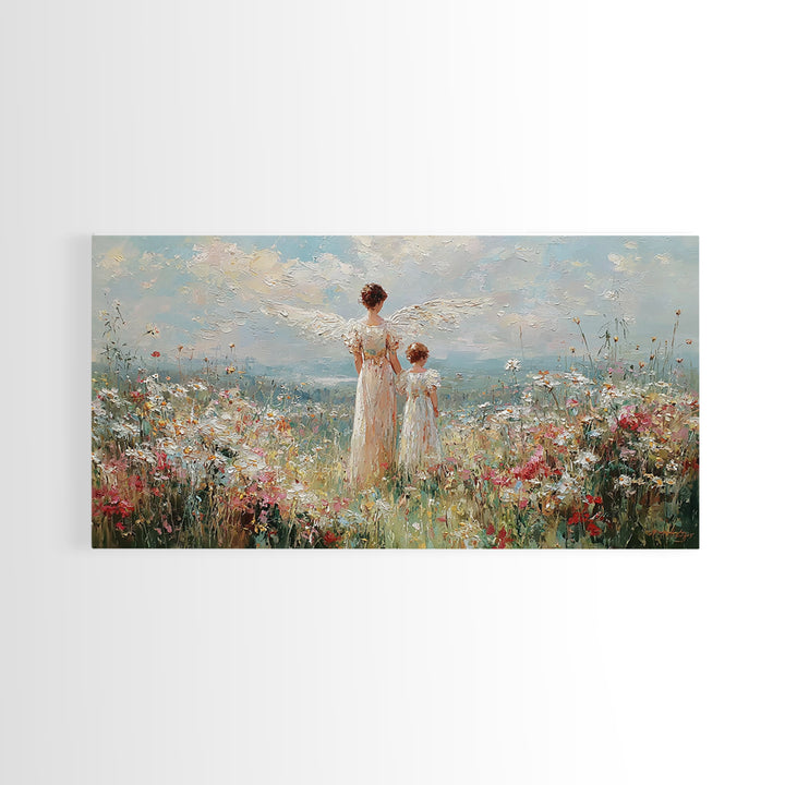 Angel And Child In Wildflower Field Framed Canvas Print, Impressionist Christian Wall Art, Floral Nursery Decor, Gift For Her