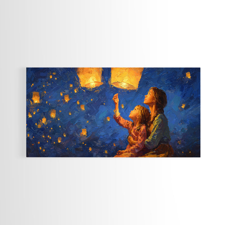 Mother And Child Lantern Festival Canvas Print, Blue Night Sky Painting, Whimsical Wall Art, Family Gift, Cozy Home Decor