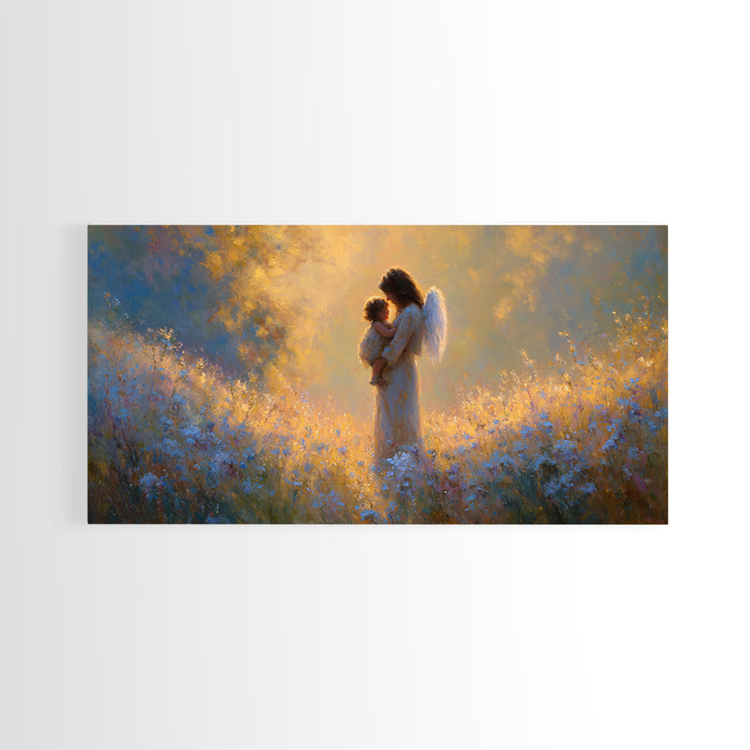 Guardian Angel Mother And Child In Golden Wildflower Meadow Wall Art, Christian Nursery Decor, Spiritual Gift For Mom, Home Decor