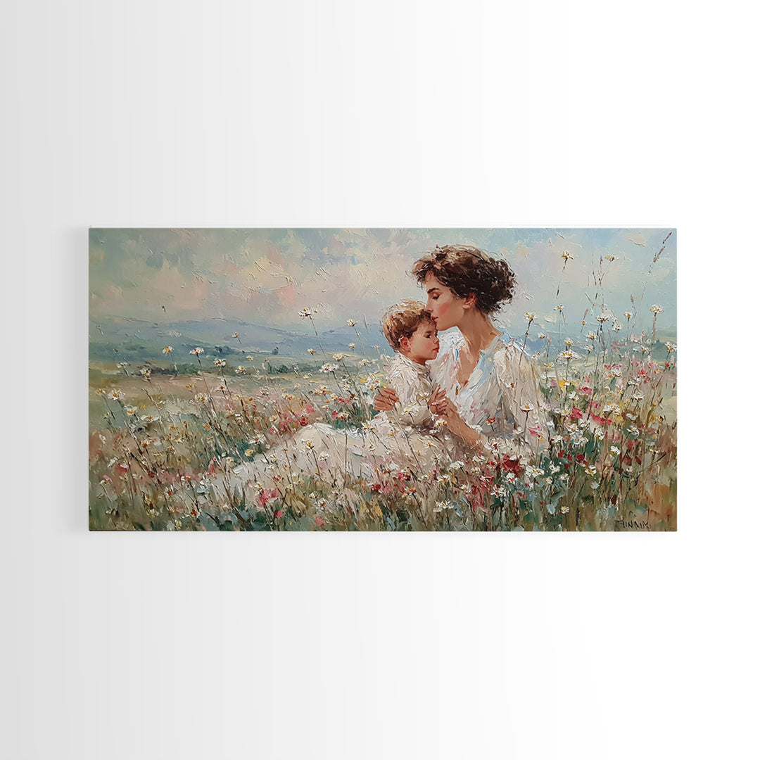 Seated Mother And Child In Soft Wildflower Field Canvas Print, Impressionist Floral Wall Art, Gift For Mom, Living Room Decor