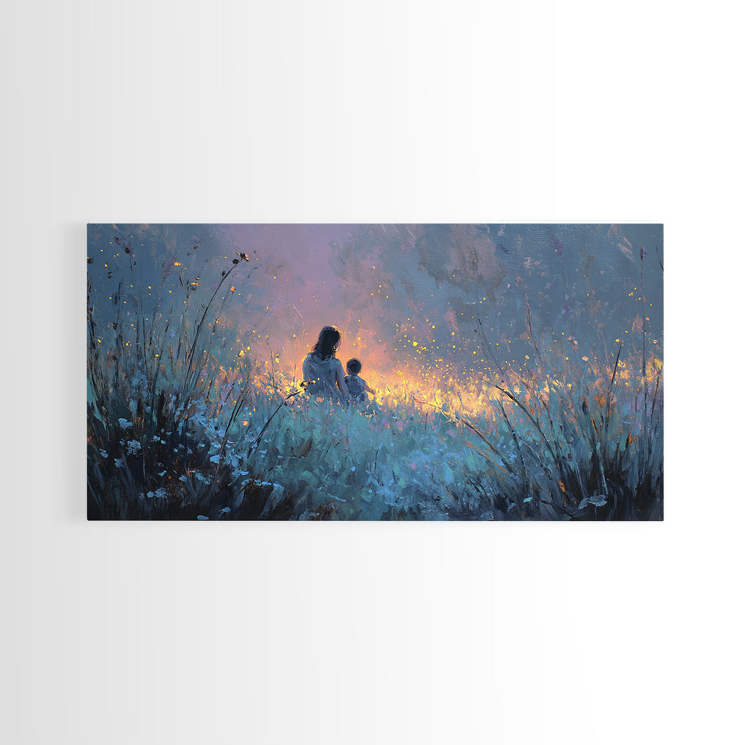 Silhouetted Mother And Child In Glowing Blue Meadow Canvas Print, Moody Wall Art, Celestial Nursery Decor Gift For Mom, Home Decor