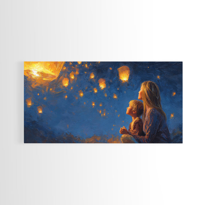 Mother And Child Lantern Night Wall Art, Angelic Family Canvas Print, Celestial Nursery Decor, Gift For Mom, Housewarming Gift