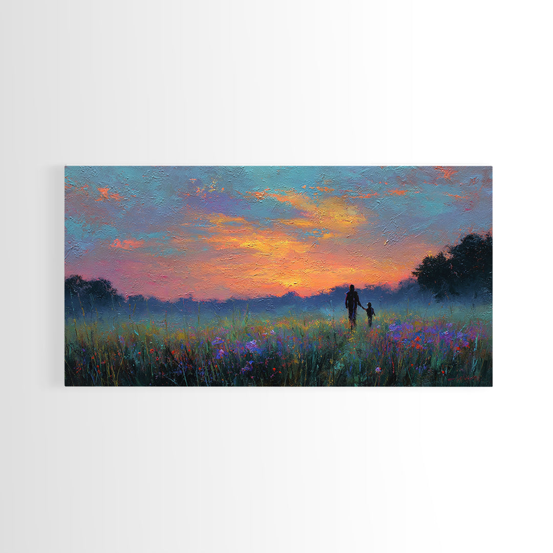 Sunset Meadow Silhouette Framed Canvas Print, Colorful Landscape Wall Art, Mother Child Decor, Living Room Art, Housewarming Gift