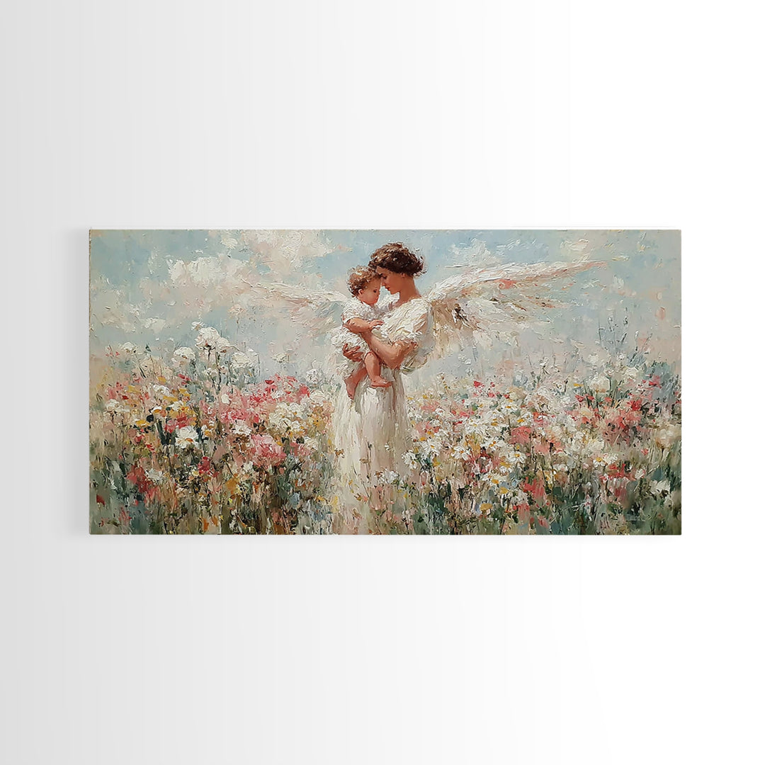 Angel Mother Holding Baby Wall Art, White Wings Wildflower Canvas Print, Spiritual Nursery Decor, Gift For Mom, Christian Wall Art