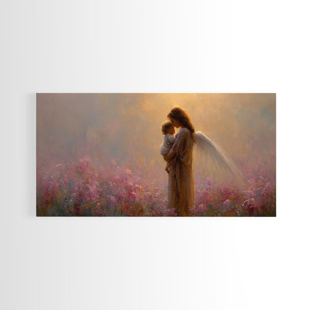 Angel Mother And Child Pink Garden Canvas Print, Ethereal Christian Wall Art, Spiritual Nursery Decor, Gift For Mom, Gift For Her