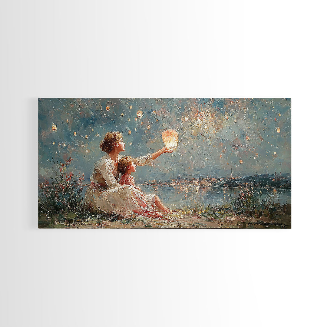 Mother And Child With Lantern By Moonlit Lake Framed Canvas Print, Impressionist Wall Art For Nursery And Coastal Decor Gift