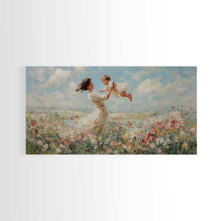 Mother Lifting Baby In Breezy Flower Field Canvas Print, Impressionist Wall Art For Nursery, Bedroom Decor, And Gift For Her