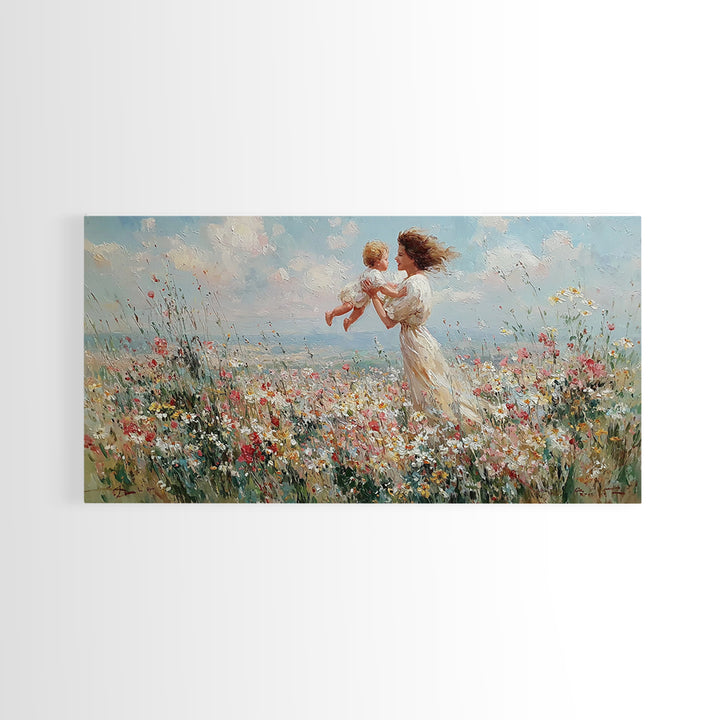 Mother Holding Baby In Seaside Wildflower Meadow Wall Art, Coastal Canvas Print For Nursery Decor And Mothers Day Gift For Her