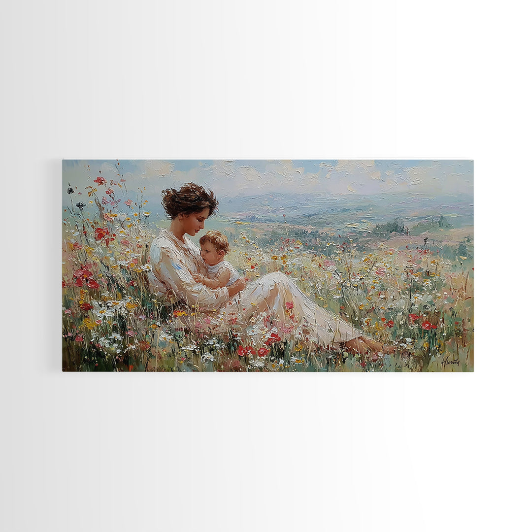 Nursing Mother With Baby In Sunlit Flower Meadow Wall Art, Impressionist Canvas Print For Nursery Decor And Housewarming Gift