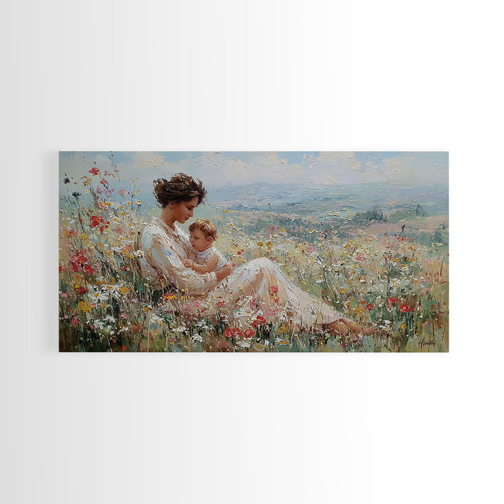 Nursing Mother With Baby In Sunlit Flower Meadow Wall Art, Impressionist Canvas Print For Nursery Decor And Housewarming Gift