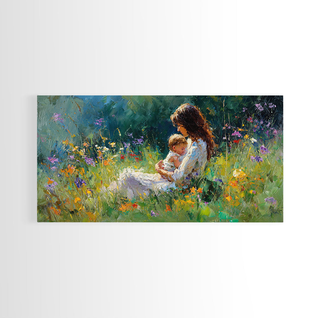 Mother Nursing Baby In Shaded Garden Wildflowers Canvas Print, Impressionist Wall Art For Nursery Decor And Nature Lover Gift